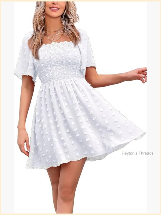Dresses & Skirts - Swiss Dot Square Neck Ruffle Mini Dress Short Sleeve Flowy Beach Graduation